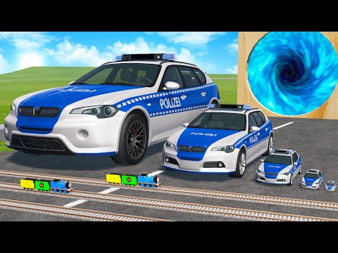 Big and Small Cars vs Portal Trap – Cars vs Rails vs Trains Police –BeamNG.Drive