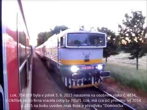 "Dominička" 754.018 s nepojízdnou 854.203 - křižování s Os 4852, Tetčice 5. 6. 2015