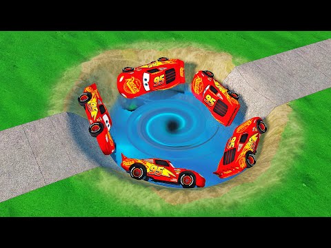 GIANT Portal Pit vs Lightning McQueen with Big & Small Pixar Cars! BeamNG.Drive Battle!