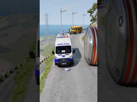 Cars & School Bus vs Giant Pit Bollards Crash #4 - BeamNG.Drive