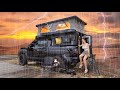 CAMPING IN AN AUTOMATED POP UP TENT TRUCK CAMPER VAN IN EXTREME HEAVY RAIN