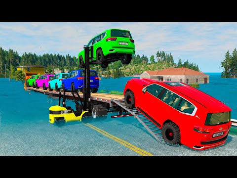 Triple Flatbed Trailer McQueen Transportation with Truck - Speedbumps vs Cars vs Train - BeamNG #263