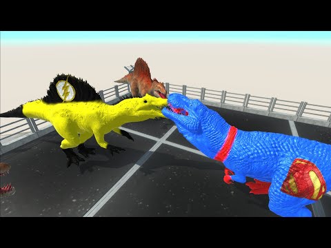 BLUE SUPERMAN T-REX VS FLASH SPINOSAURUS DEATH RUN - Animal Revolt Battle Simulator