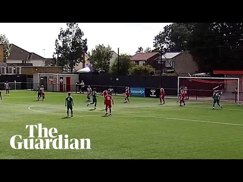 Leatherhead FC player scores with audacious flick over defender and strike
