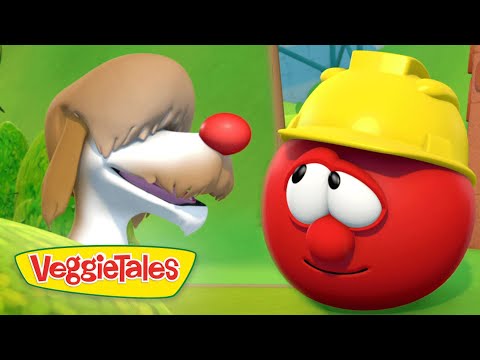 Animated tomato wearing a yellow hard hat chats with a doglike character; VeggieTales logo at the bottom left.