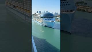 Worlds largest cruise ship sails from port of Miami on a Sunny evening. #royalcarribean #cruises