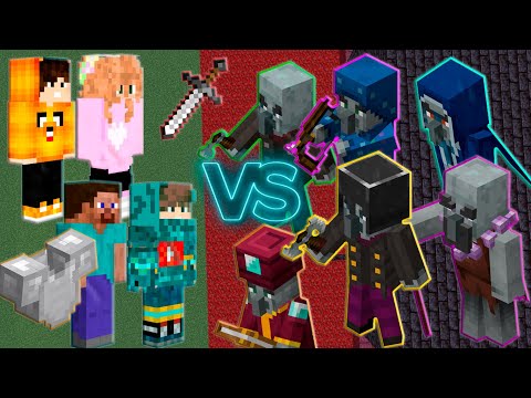 5 Players vs Hard Raid + Better Illagers Datapack - Player vs Mob Battle 1.16.3