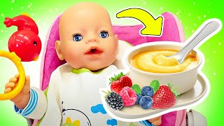 The Baby Born doll is hungry! Cooking vegetable puree for the baby doll. Dolls videos for kids.