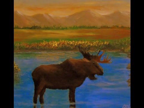 How to paint  Mountains  and sky  with Acrylic Paint, Lesson 1,  Moose Painting.