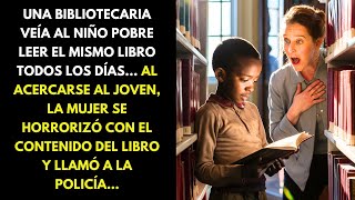 UNA BIBLIOTECARIA VEÍA AL NIÑO POBRE LEER EL MISMO LIBRO TODOS LOS DÍAS... AL ACERCARSE AL JOVEN...