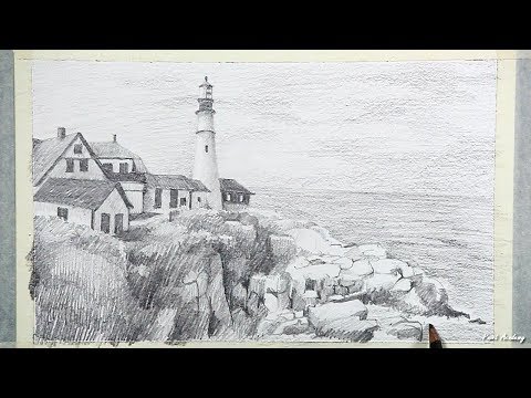 Mountains and Pine Tress Watercolor Pencil Landscape Drawing | steps to follow