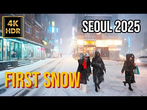 [4K HDR] Heavy Snow in Apgujeong, Seoul 🇰🇷 Gangnam Winter Night Walk | 4K Walk