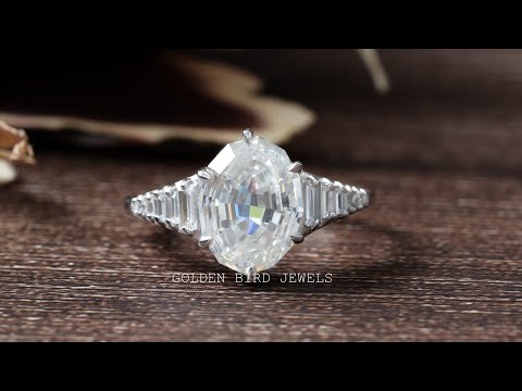 2.20 Carat Step Cut Oval Moissanite With Side Stone Baguette Engagement Ring
