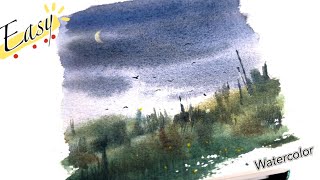 EASY Watercolor Landscape Painting , Quiet Night