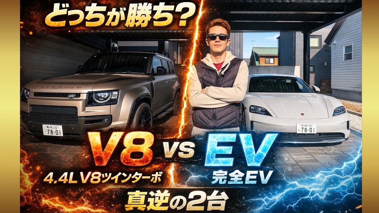 イラン情勢でガソリン車終了!?  V8オクタと完全EVポルシェを比較してみた！Defender OCTA VS PORSHE Taycan 4S
