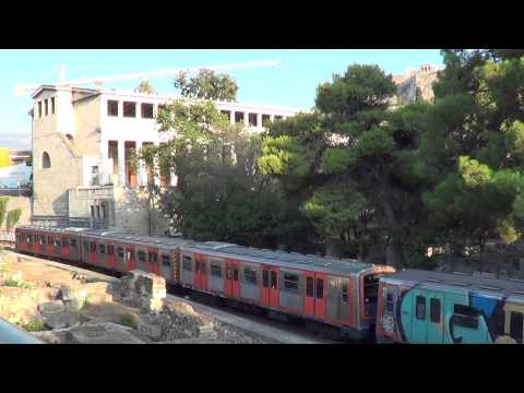 Athens Metro line 1, trains passing near the ancient forum of Athens