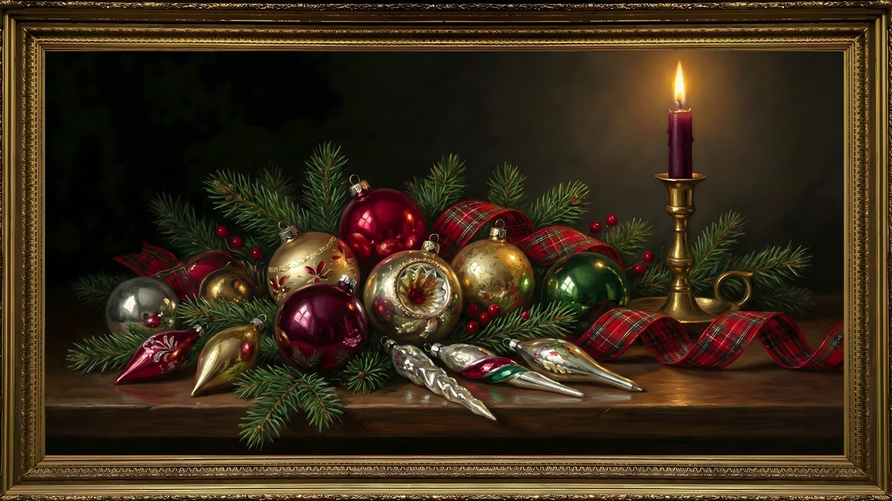 Vintage Christmas Ornaments Tartan Ribbon Gold Frame TV Art | 2 Hours 4K — 4K ambient art screensaver in baroque gold frame