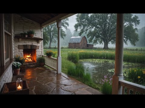 ☔ Rainy Farm Morning Ambience | Cozy Cottage Porch | Ambient Rain & Fire Sounds for Sleep & Focus