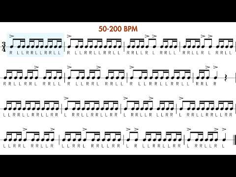 Accented Rolls in 3/4 | Snare Drum Warm Up Exercise | 50-200 BPM