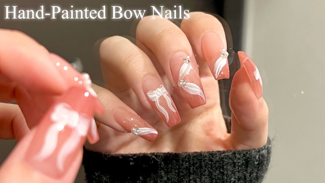 【セルフネイル】シンプルかわいい🌸手描きリボンネイル🎀/ジェルネイル/長さだし