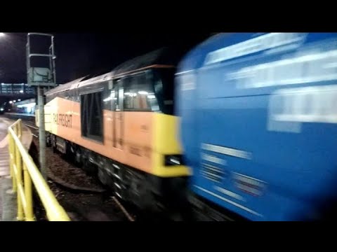 GBRf class 60 loco in COLAS RAIL livery hauling Biomass @ Altrincham stn