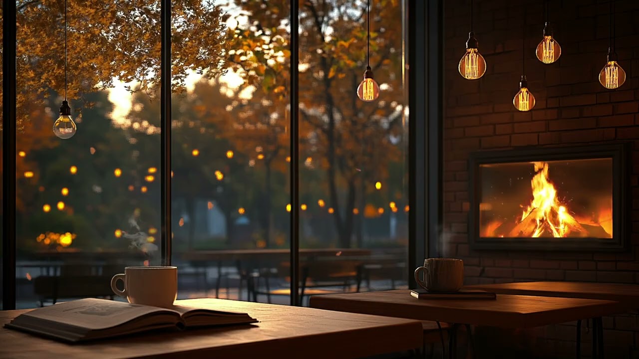 Autumn Afternoon on Window at Cozy Coffee Shop with Relaxing Jazz Music & Crackling Fire Sounds