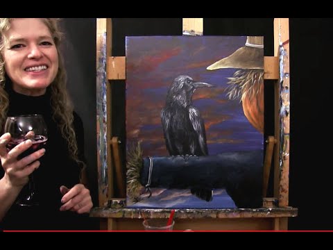 Learn to Paint CROW ON A SCARECROW with Acrylics - Paint and Sip at Home - Step by Step Tutorial