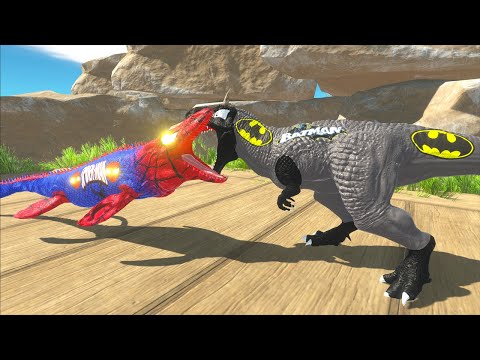 SPIDERMAN MOSASAURUS VS BATMAN T-REX DEATH RUN - Animal Revolt Battle Simulator