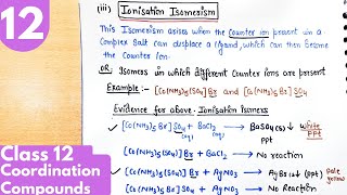 12) Linkage isomers, coordination isomer, Ionisation and Hydrate isomers| Coordination Compounds