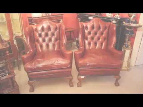 Antique Pair English Leather Wingback Armchairs c.1900