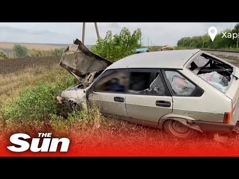 Destroyed civilian vehicles covered in bullet holes after shelling