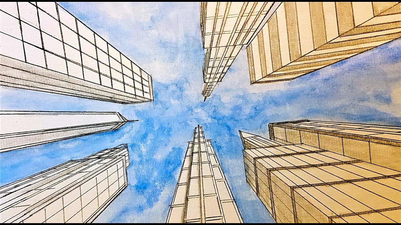 How to draw a city buildings in one point perspective. Worm's eye view.
