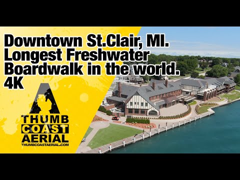 Longest Freshwater Boardwalk in the World, St. Clair Michigan St. Clair River Birds eye View in 4k