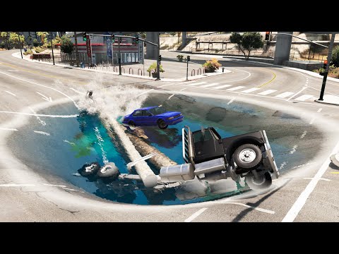 Cars vs Giant Pit with Deep Water WQNL03 - BeamNG.Drive - Police, Truck Rescue Driving Simulator #3