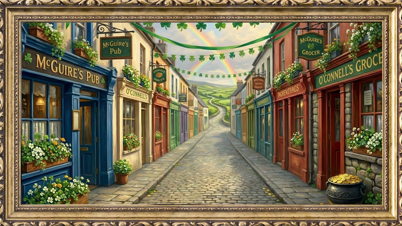 St Patricks Day Irish Village - Lucky Street - 4K — 4K ambient art screensaver in baroque gold frame