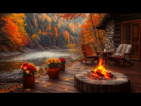 Peaceful Cabin Ambience in Autumn Forest 🍂 Cozy Fire Pit & Calming River Sounds for Relaxation