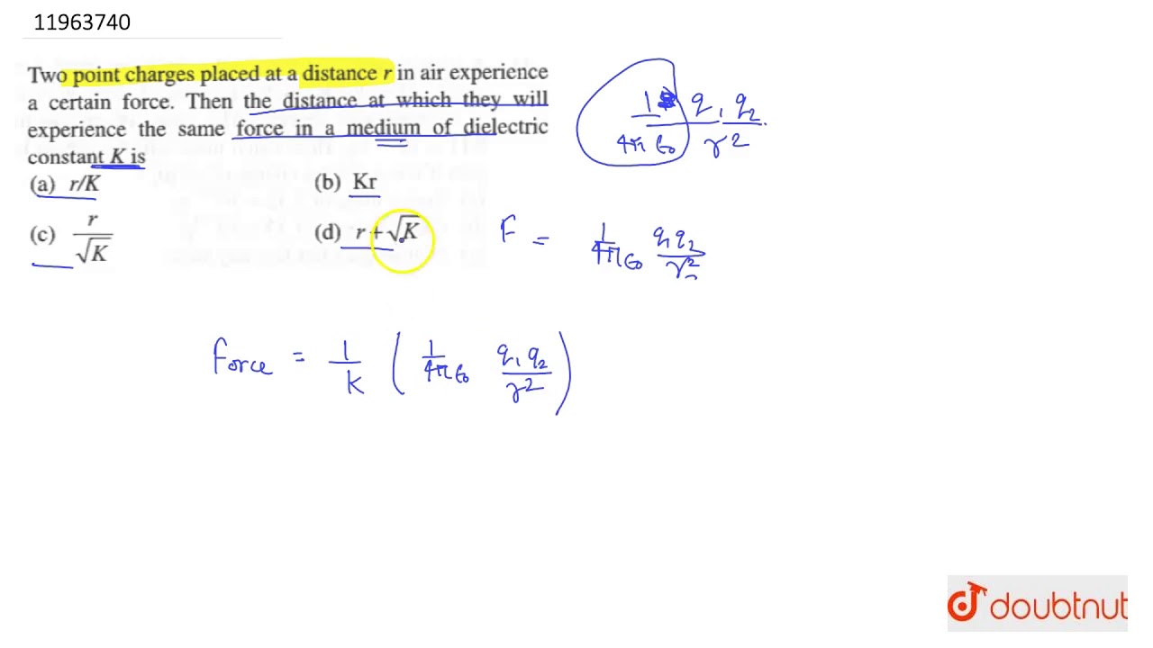 Two point charges placed at a distance `r` in air experience a certain force.