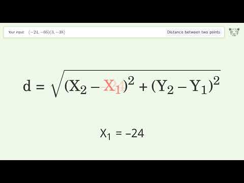Find the distance between two points p1 (-24,-66) and p2 (3,-38): Step-by-Step Video Solution