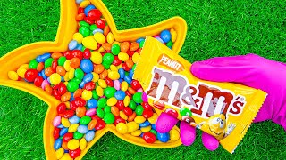 Satisfying ASMR l Sparkles Candy Mixing in Color Star with Rainbow Playdoh Balls & M&M's Cutting
