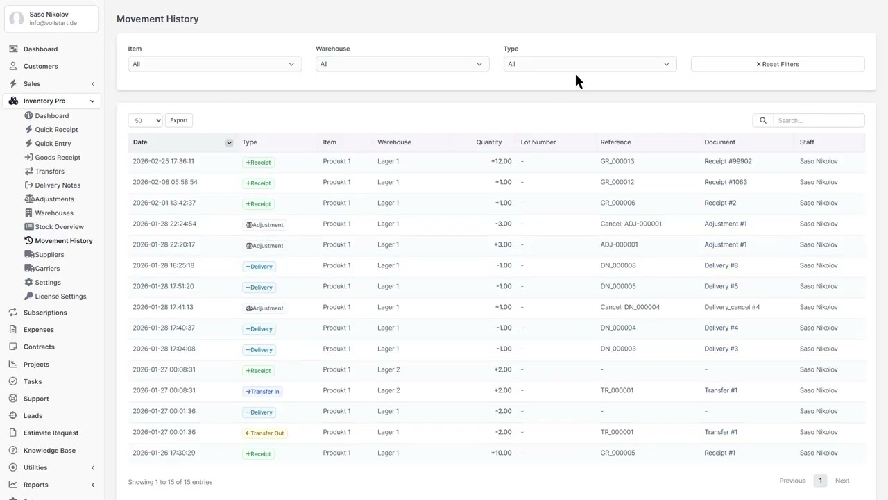 Movement history - Inventory Pro - Multi-Warehouse Inventory Management for Perfex CRM