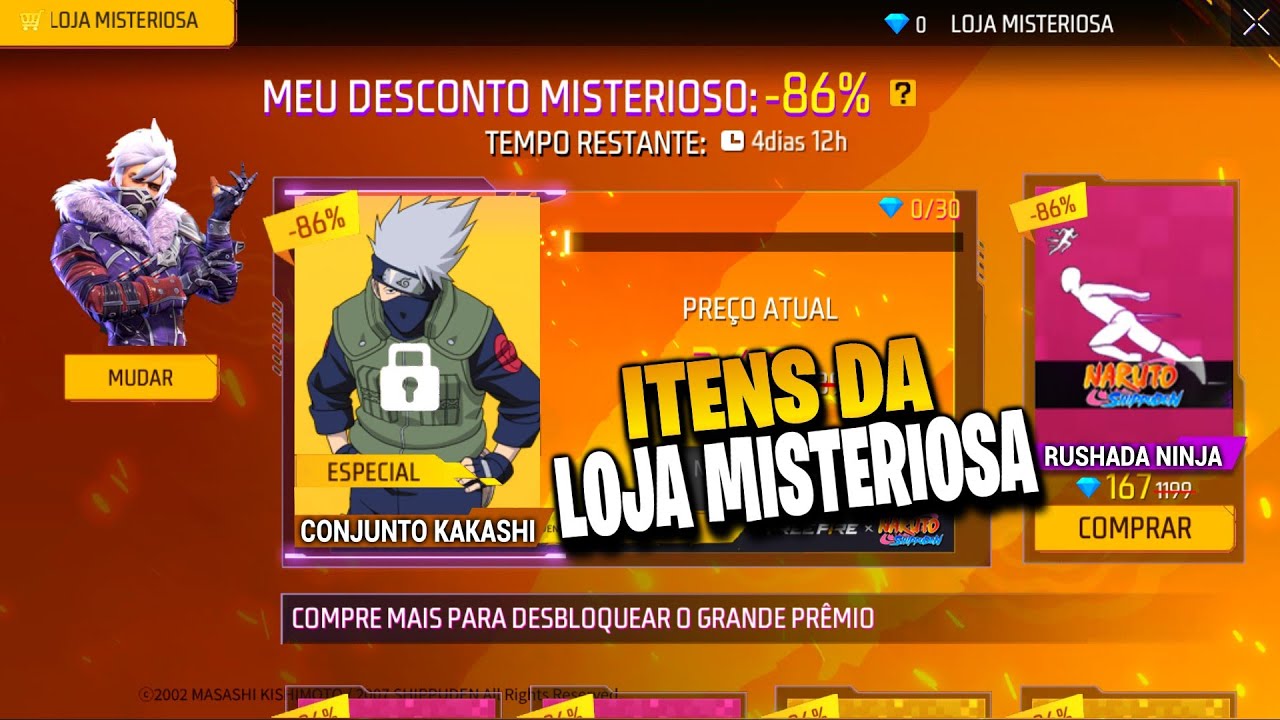 SAIU AGORA!! LOJA MISTERIOSA DO KAKASHI, SOMBRA ROXA, EMOTE NINJA E MAIS - NOVIDADES FREE FIRE