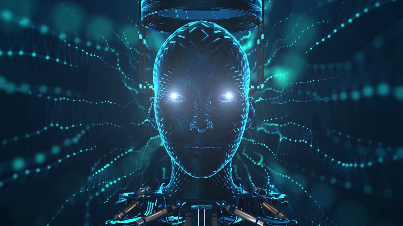4K Artificial Intelligence,  Brain over circuit board. HUD future technology digital background