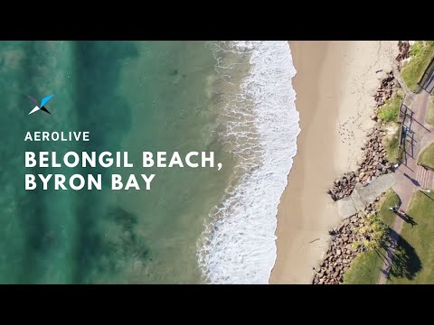 Drone footage of waves and beach at Belongil