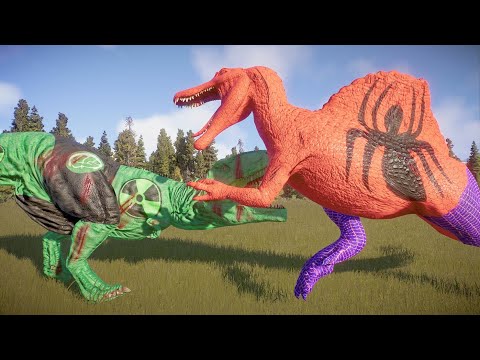 Spiderman Spinosaurus, Hulk G Rex, Deadpool, Superman T rex Fight in Jurassic world Evolution 2