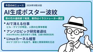 注目AIニュース(2026/09/10) マラソンポスターAI使用・AIでなくなる仕事・アンソロピック研究者退社 ほか
