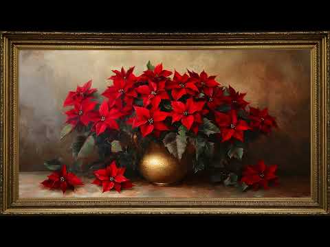 Red Poinsettias, Vintage Oil Painting | Gold Framed TV Art Screensaver Christmas in 4K