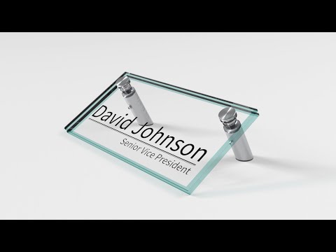 6'' x 3''  Desk Name Plate, 30° Angle,  Full Set with Flat Head Standoffs and tempered glass (Stainless Steel Satin Brushed Standoffs)