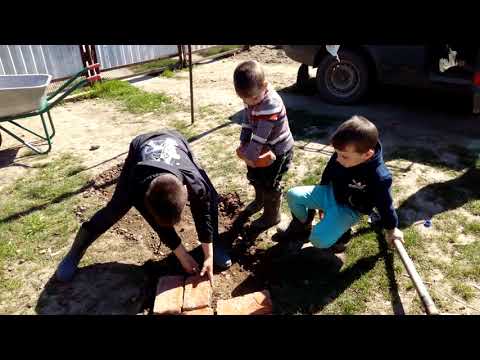 Дети кладут дорожку из кирпича