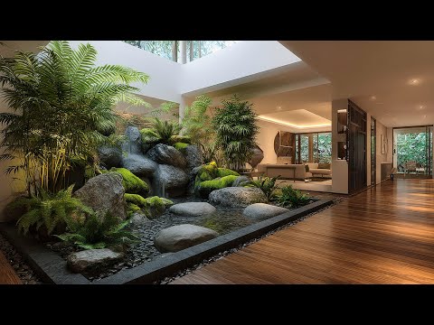Beautiful Indoor Garden Design with Black Rock, Water Features, and Beautiful Greenery