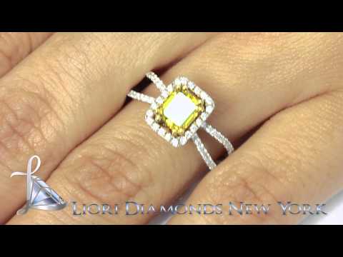 FD-SOLD-054 - 1.74 Carat Fancy Yellow Emerald Cut Diamond Engagement Ring 18k Gold Pave Halo